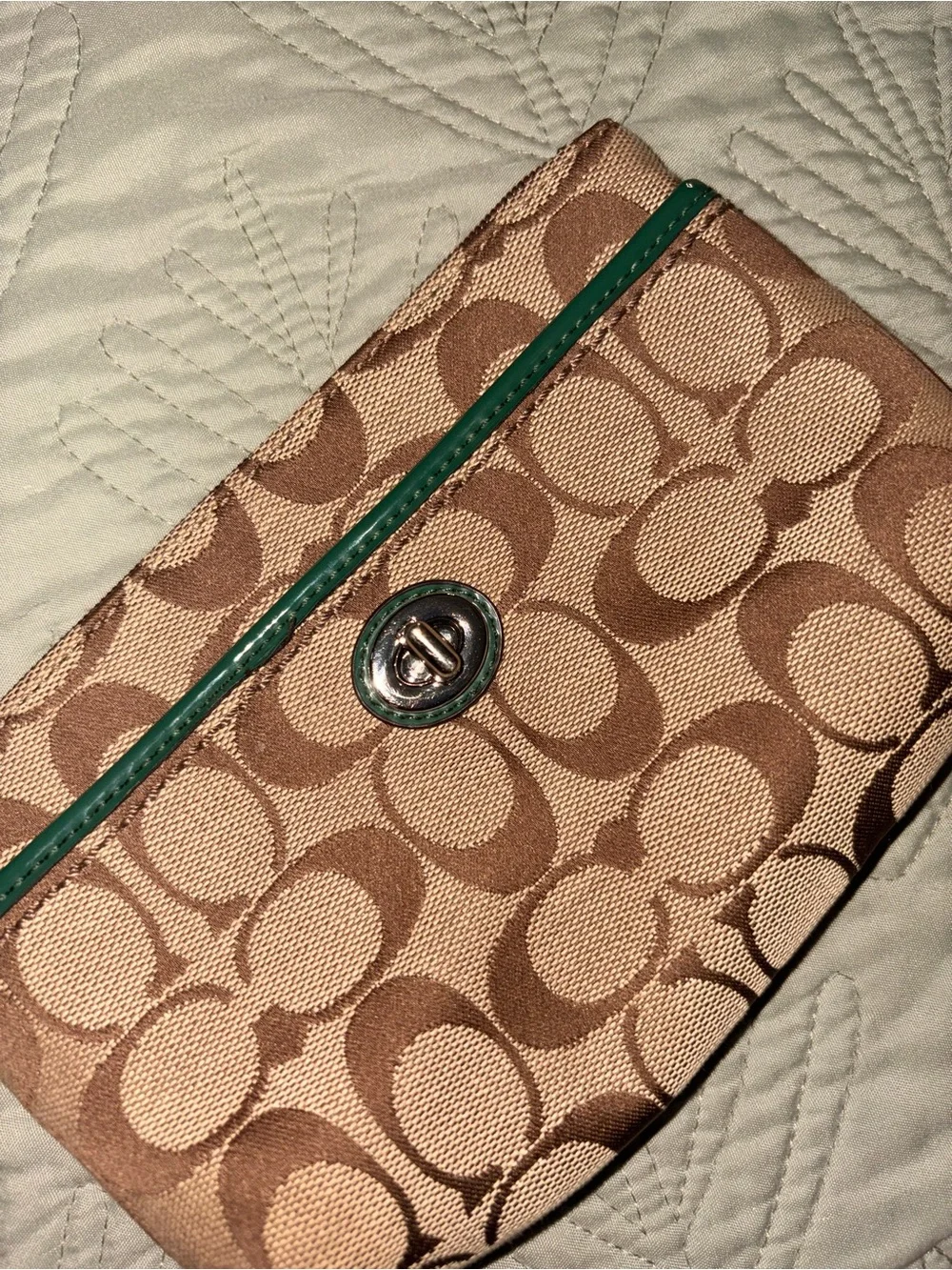 Coach Brown Signature Canvas Wristlet with Green Trim